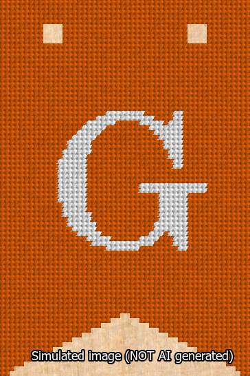 A simulated image of the stitched needlepoint design: Banner 13m Forked G White on Orange. Not A.I. generated.