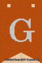 A simulated image of the stitched needlepoint design: Banner 13m Forked G White on Orange. Not A.I. generated.