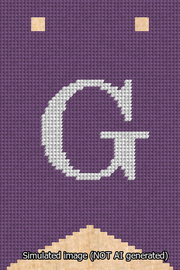 A simulated image of the stitched needlepoint design: Banner 13m Forked G White on Purple. Not A.I. generated.