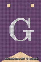 A simulated image of the stitched needlepoint design: Banner 13m Forked G White on Purple. Not A.I. generated.