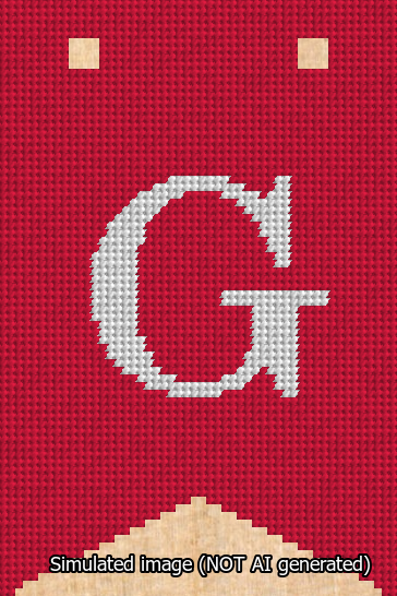 A simulated image of the stitched needlepoint design: Banner 13m Forked G White on Red. Not A.I. generated.