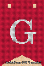 A simulated image of the stitched needlepoint design: Banner 13m Forked G White on Red. Not A.I. generated.