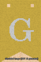 A simulated image of the stitched needlepoint design: Banner 13m Forked G White on Yellow. Not A.I. generated.