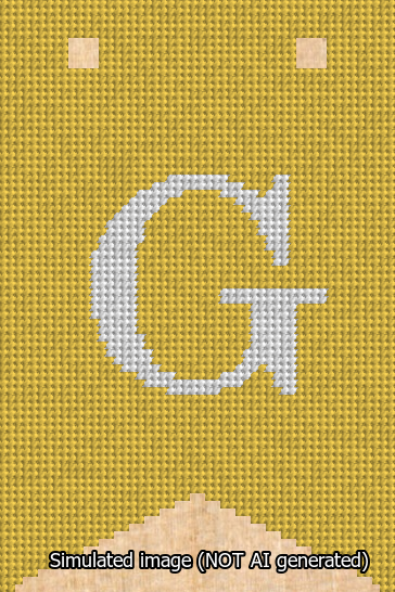 A simulated image of the stitched needlepoint design: Banner 13m Forked G White on Yellow. Not A.I. generated.