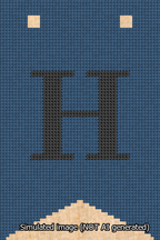 A simulated image of the stitched needlepoint design: Banner 13m Forked H Black on Blue. Not A.I. generated.