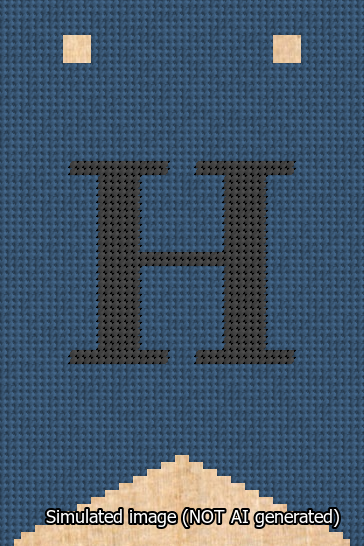 A simulated image of the stitched needlepoint design: Banner 13m Forked H Black on Blue. Not A.I. generated.
