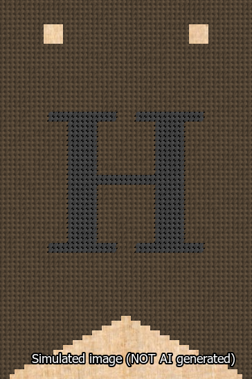 A simulated image of the stitched needlepoint design: Banner 13m Forked H Black on Brown. Not A.I. generated.
