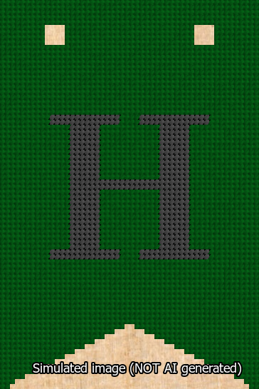 A simulated image of the stitched needlepoint design: Banner 13m Forked H Black on Green. Not A.I. generated.