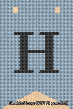 A simulated image of the stitched needlepoint design: Banner 13m Forked H Black on Light Blue. Not A.I. generated.