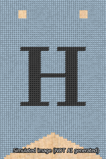 A simulated image of the stitched needlepoint design: Banner 13m Forked H Black on Light Blue. Not A.I. generated.