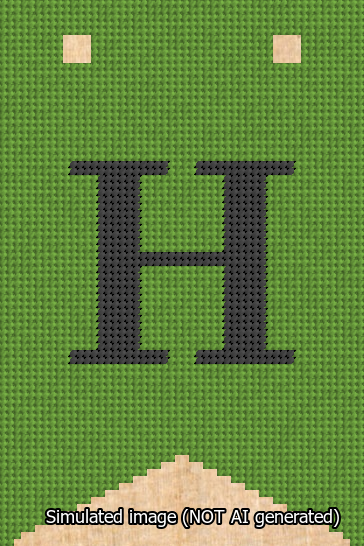 A simulated image of the stitched needlepoint design: Banner 13m Forked H Black on Light Green. Not A.I. generated.
