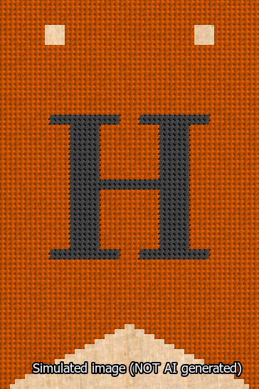 A simulated image of the stitched needlepoint design: Banner 13m Forked H Black on Orange. Not A.I. generated.
