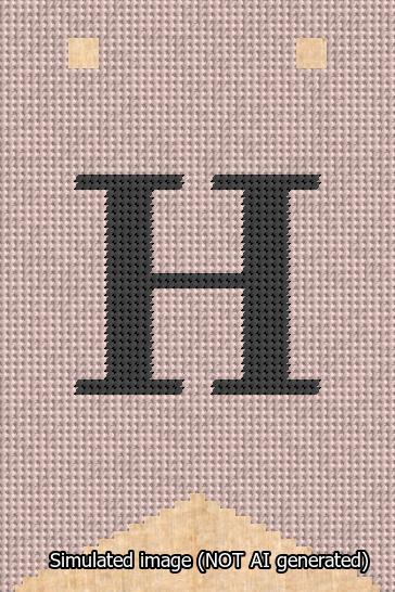 A simulated image of the stitched needlepoint design: Banner 13m Forked H Black on Pink. Not A.I. generated.