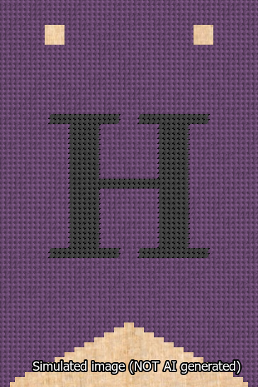 A simulated image of the stitched needlepoint design: Banner 13m Forked H Black on Purple. Not A.I. generated.