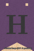 A simulated image of the stitched needlepoint design: Banner 13m Forked H Black on Purple. Not A.I. generated.
