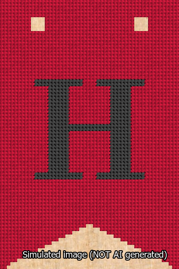 A simulated image of the stitched needlepoint design: Banner 13m Forked H Black on Red. Not A.I. generated.
