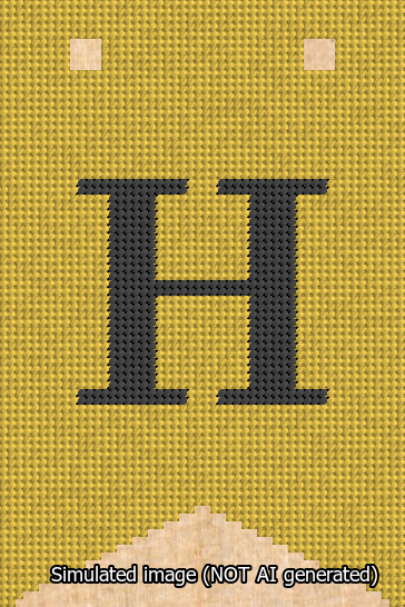A simulated image of the stitched needlepoint design: Banner 13m Forked H Black on Yellow. Not A.I. generated.