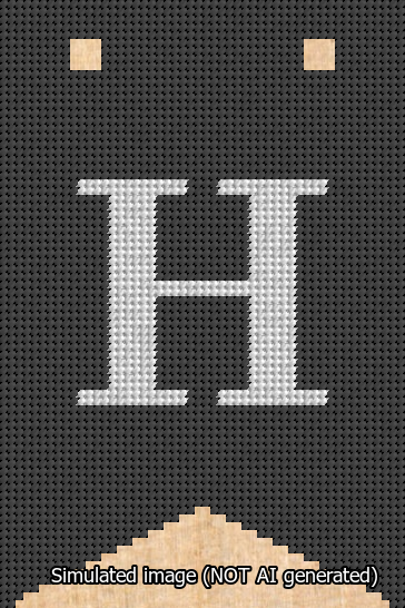 A simulated image of the stitched needlepoint design: Banner 13m Forked H White on Black. Not A.I. generated.