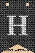 A simulated image of the stitched needlepoint design: Banner 13m Forked H White on Black. Not A.I. generated.
