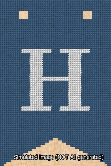 A simulated image of the stitched needlepoint design: Banner 13m Forked H White on Blue. Not A.I. generated.