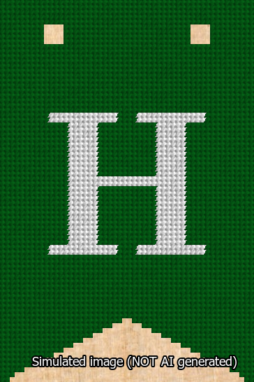 A simulated image of the stitched needlepoint design: Banner 13m Forked H White on Green. Not A.I. generated.