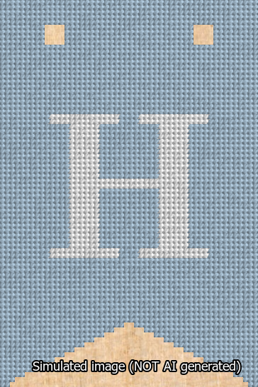 A simulated image of the stitched needlepoint design: Banner 13m Forked H White on Light Blue. Not A.I. generated.