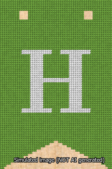 A simulated image of the stitched needlepoint design: Banner 13m Forked H White on Light Green. Not A.I. generated.