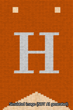 A simulated image of the stitched needlepoint design: Banner 13m Forked H White on Orange. Not A.I. generated.