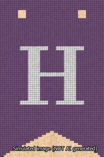 A simulated image of the stitched needlepoint design: Banner 13m Forked H White on Purple. Not A.I. generated.