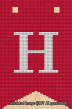 A simulated image of the stitched needlepoint design: Banner 13m Forked H White on Red. Not A.I. generated.