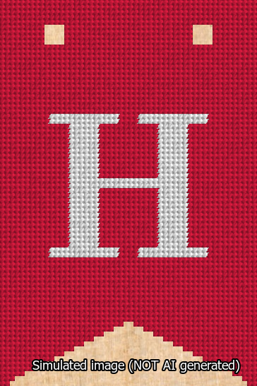A simulated image of the stitched needlepoint design: Banner 13m Forked H White on Red. Not A.I. generated.