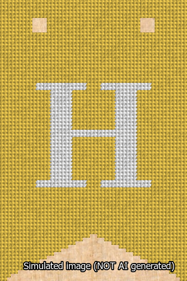 A simulated image of the stitched needlepoint design: Banner 13m Forked H White on Yellow. Not A.I. generated.