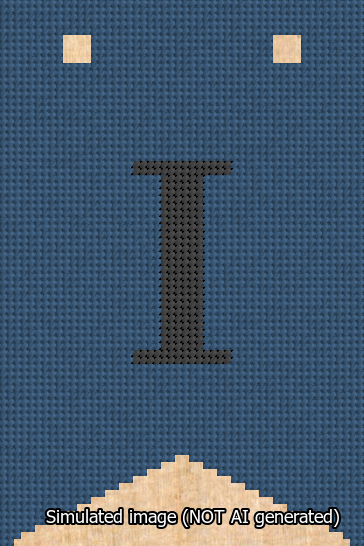 A simulated image of the stitched needlepoint design: Banner 13m Forked I Black on Blue. Not A.I. generated.