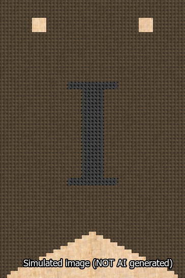 A simulated image of the stitched needlepoint design: Banner 13m Forked I Black on Brown. Not A.I. generated.