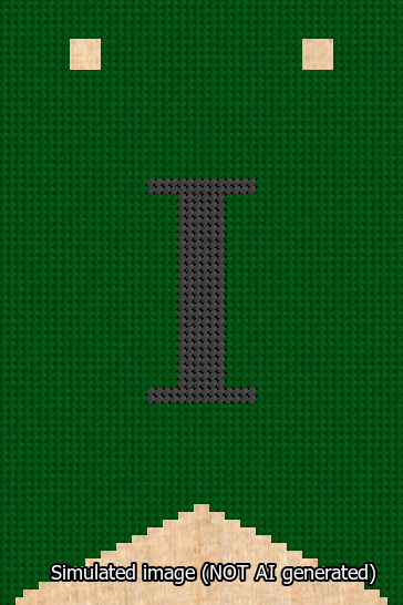 A simulated image of the stitched needlepoint design: Banner 13m Forked I Black on Green. Not A.I. generated.
