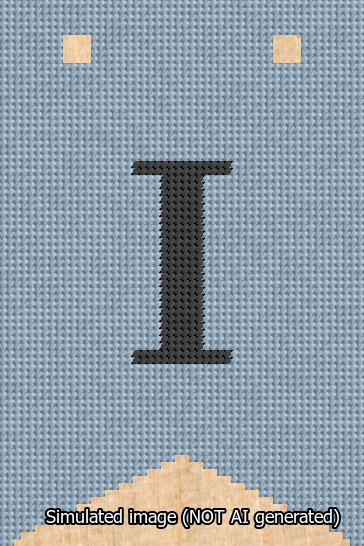 A simulated image of the stitched needlepoint design: Banner 13m Forked I Black on Light Blue. Not A.I. generated.