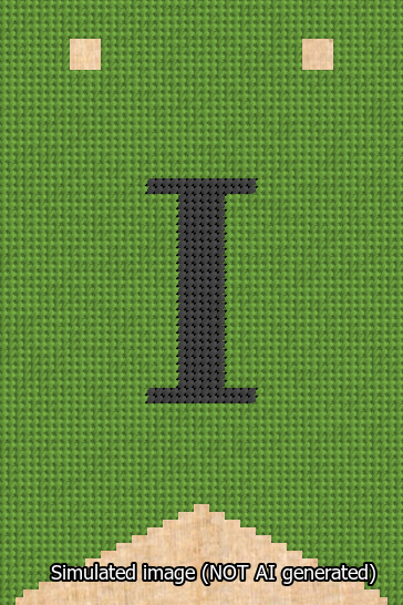 A simulated image of the stitched needlepoint design: Banner 13m Forked I Black on Light Green. Not A.I. generated.