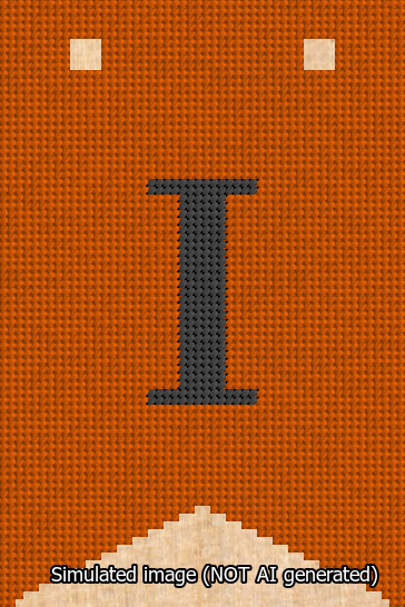 A simulated image of the stitched needlepoint design: Banner 13m Forked I Black on Orange. Not A.I. generated.