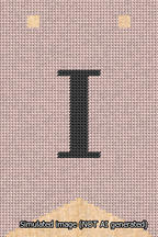 A simulated image of the stitched needlepoint design: Banner 13m Forked I Black on Pink. Not A.I. generated.