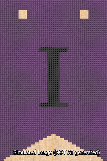 A simulated image of the stitched needlepoint design: Banner 13m Forked I Black on Purple. Not A.I. generated.