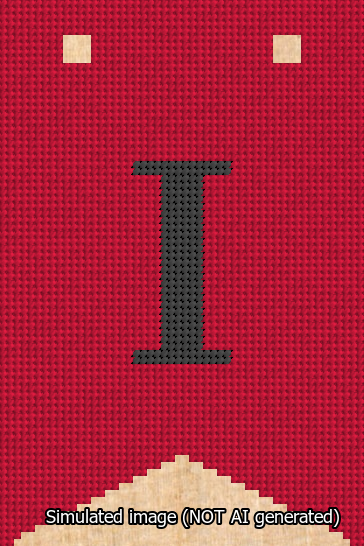 A simulated image of the stitched needlepoint design: Banner 13m Forked I Black on Red. Not A.I. generated.