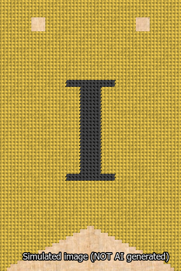 A simulated image of the stitched needlepoint design: Banner 13m Forked I Black on Yellow. Not A.I. generated.