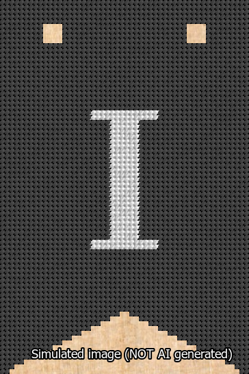 A simulated image of the stitched needlepoint design: Banner 13m Forked I White on Black. Not A.I. generated.