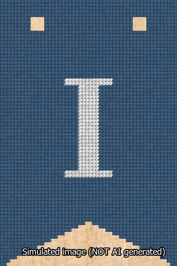 A simulated image of the stitched needlepoint design: Banner 13m Forked I White on Blue. Not A.I. generated.