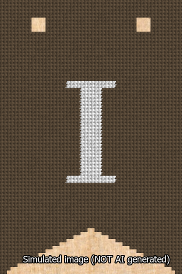 A simulated image of the stitched needlepoint design: Banner 13m Forked I White on Brown. Not A.I. generated.