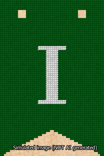 A simulated image of the stitched needlepoint design: Banner 13m Forked I White on Green. Not A.I. generated.