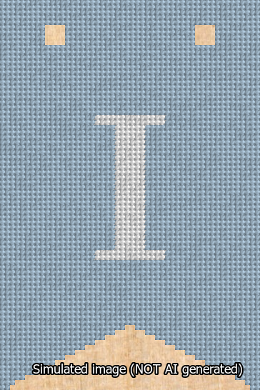 A simulated image of the stitched needlepoint design: Banner 13m Forked I White on Light Blue. Not A.I. generated.