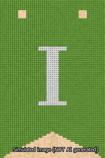 A simulated image of the stitched needlepoint design: Banner 13m Forked I White on Light Green. Not A.I. generated.