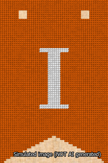 A simulated image of the stitched needlepoint design: Banner 13m Forked I White on Orange. Not A.I. generated.