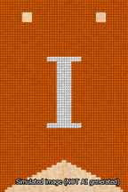 A simulated image of the stitched needlepoint design: Banner 13m Forked I White on Orange. Not A.I. generated.